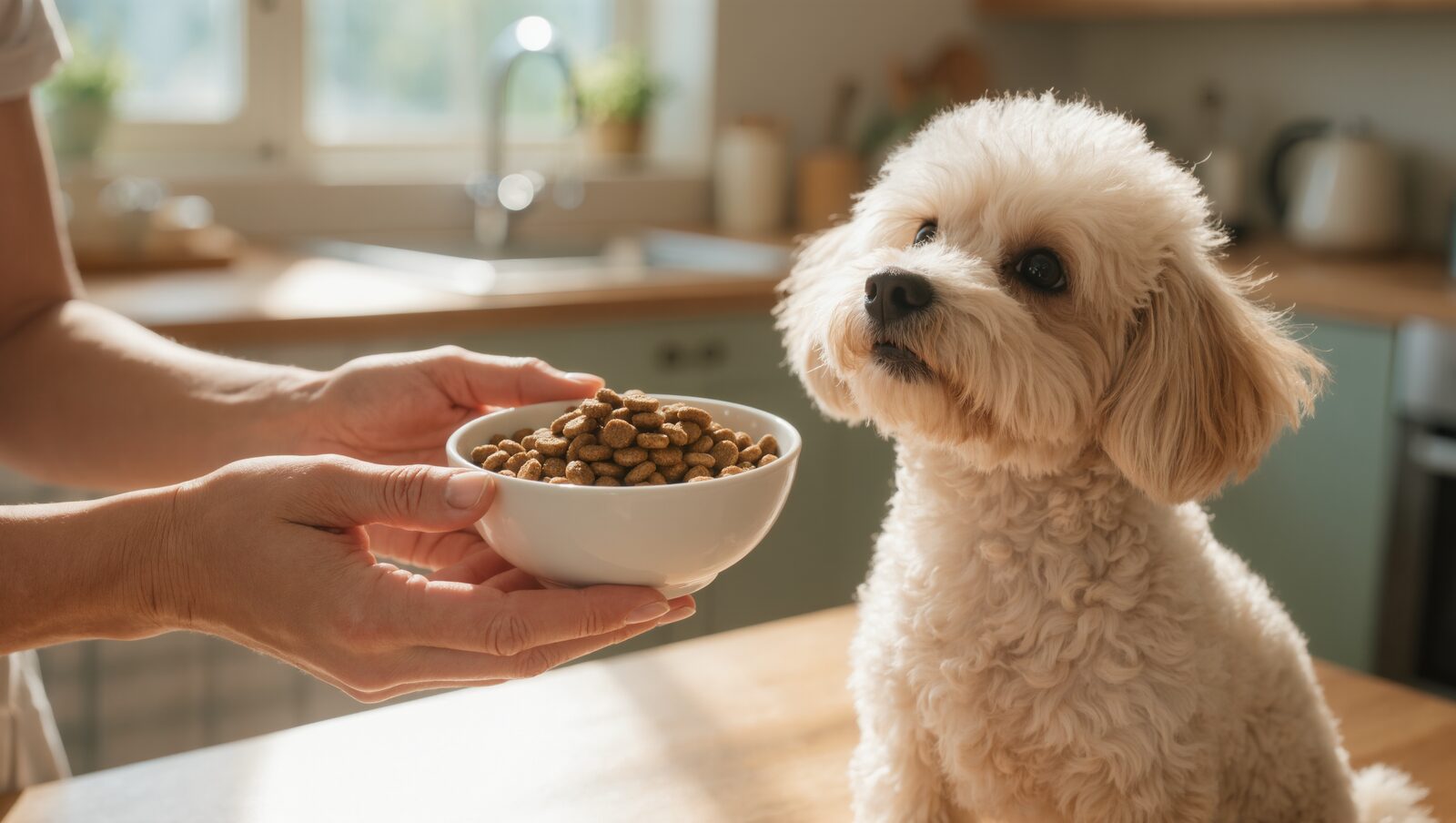 キッチンで飼い主の手元のお皿を見上げる白いトイプードル