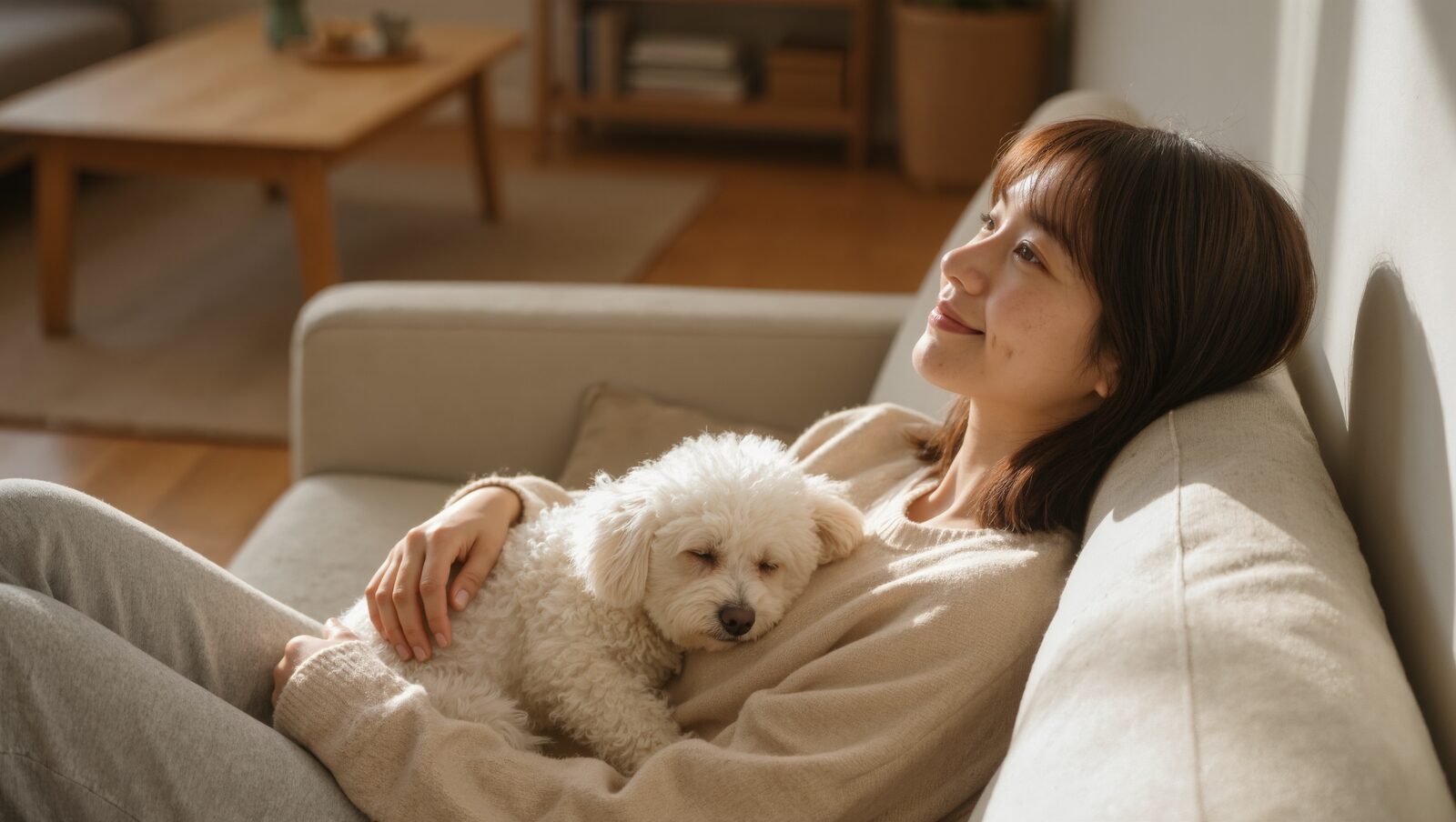 ソファでくつろぐ女性の膝で眠る白いトイプードル