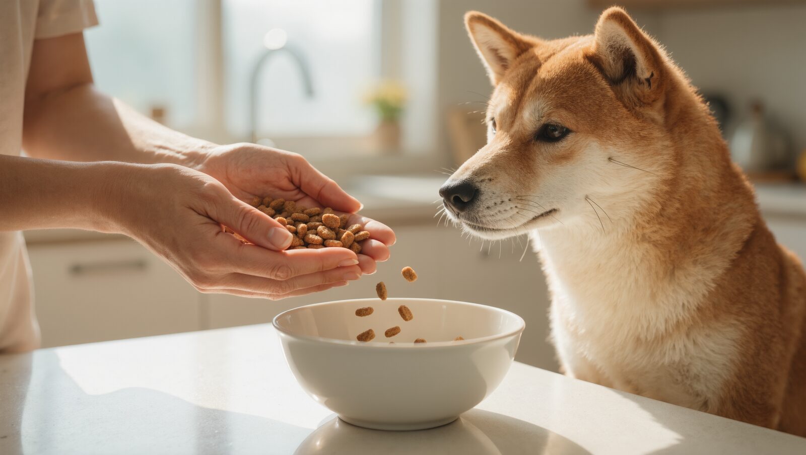 キッチンで手からフードをボウルに入れる飼い主と柴犬