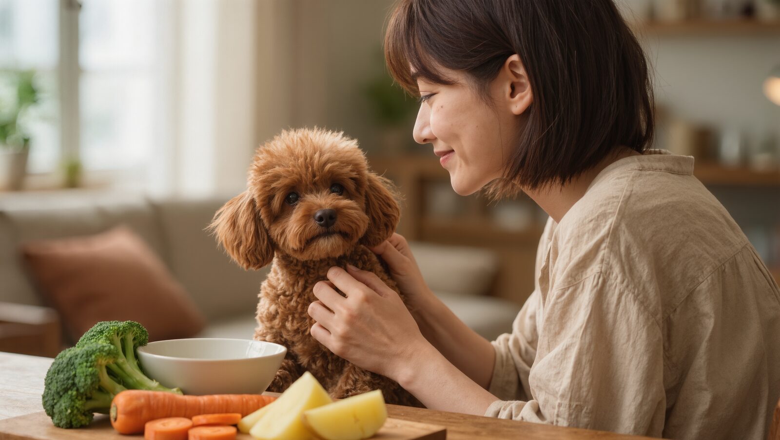 食卓でトイプードルを優しくなでる飼い主