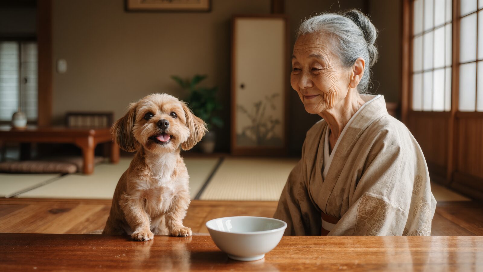 空の器の横で嬉しそうな小型犬と微笑む年配の女性