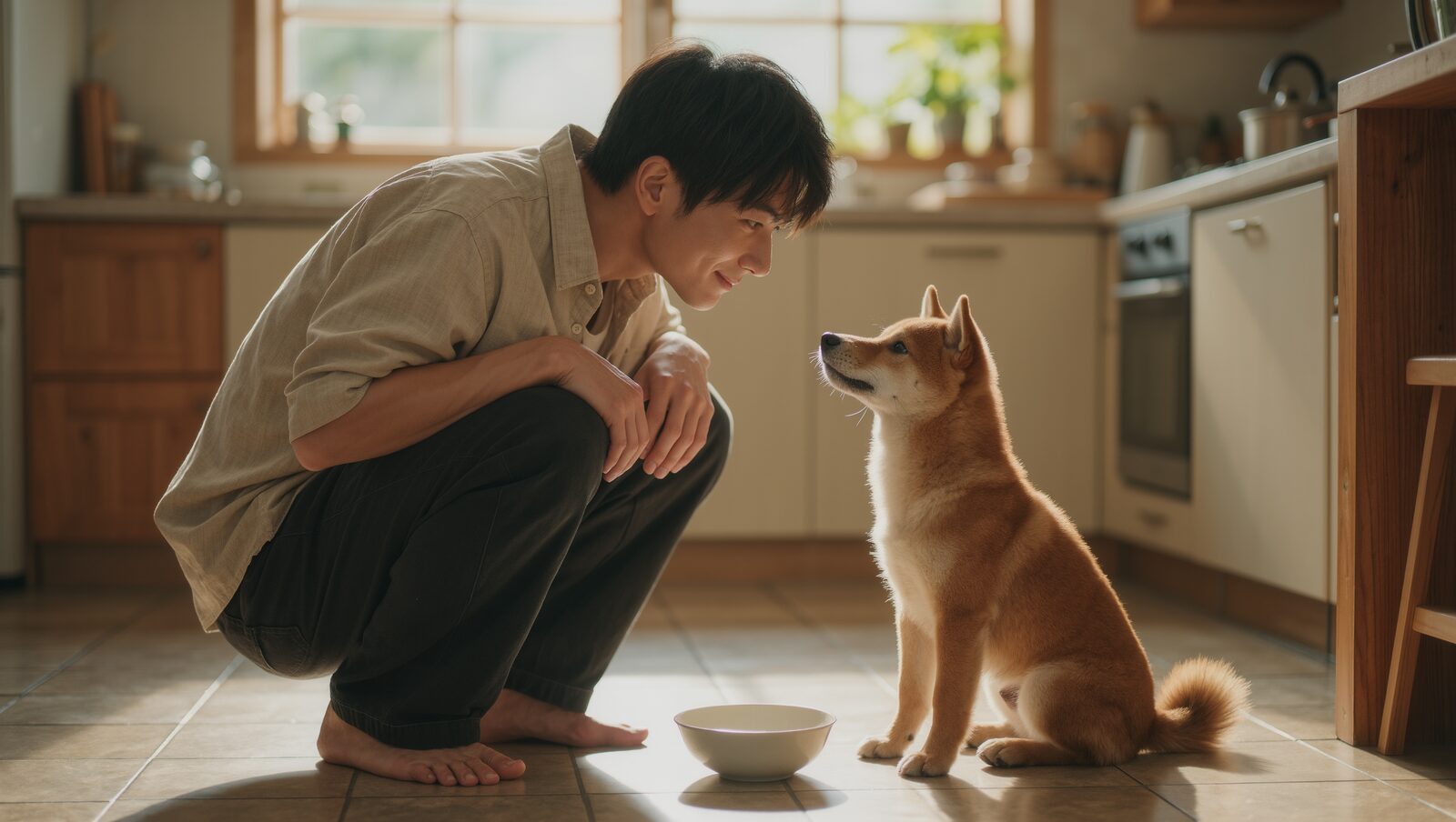 キッチンで空の器の前に座る犬としゃがむ男性