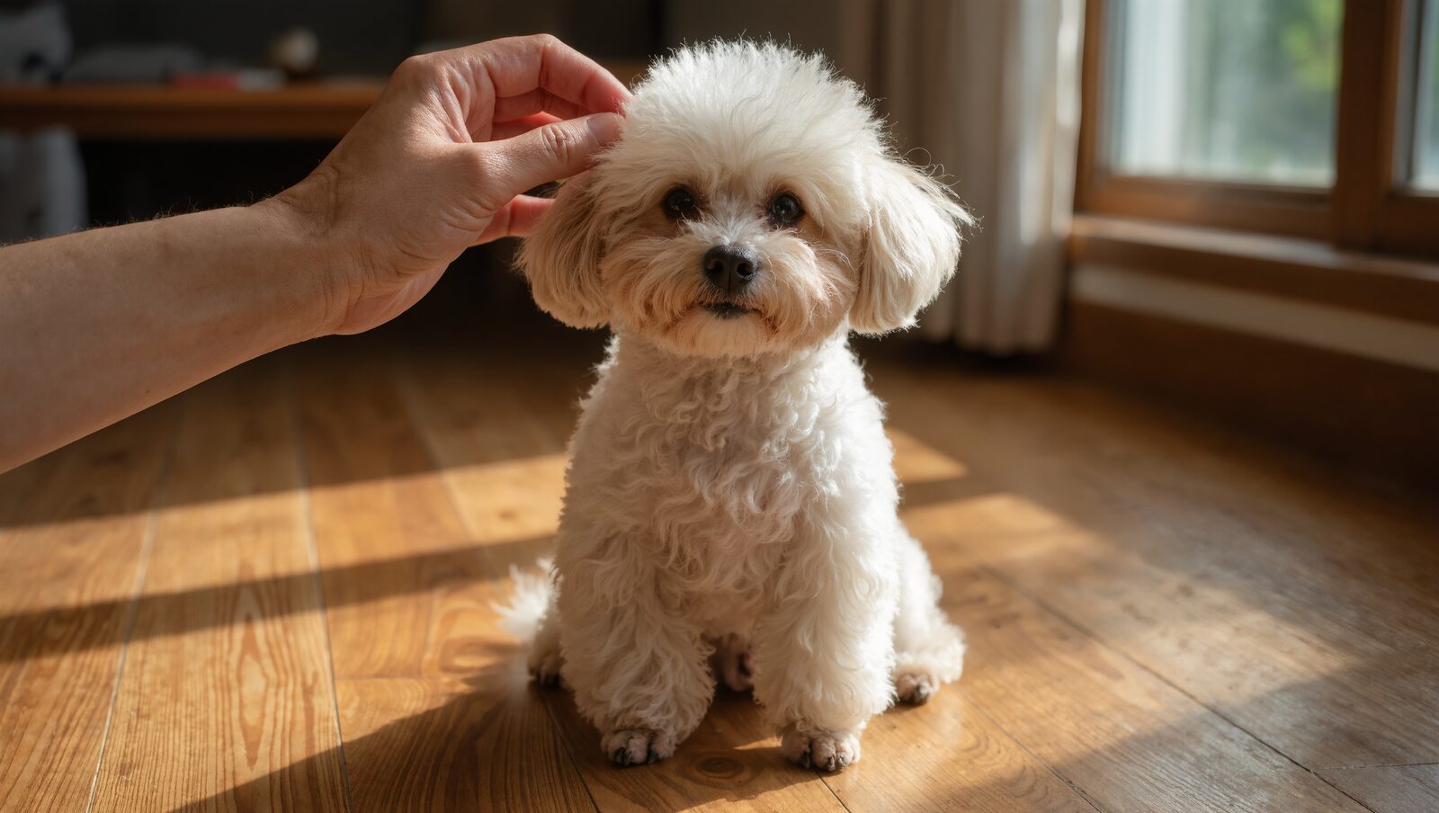 明るい床にちょこんと座る小さな白いふわふわの犬