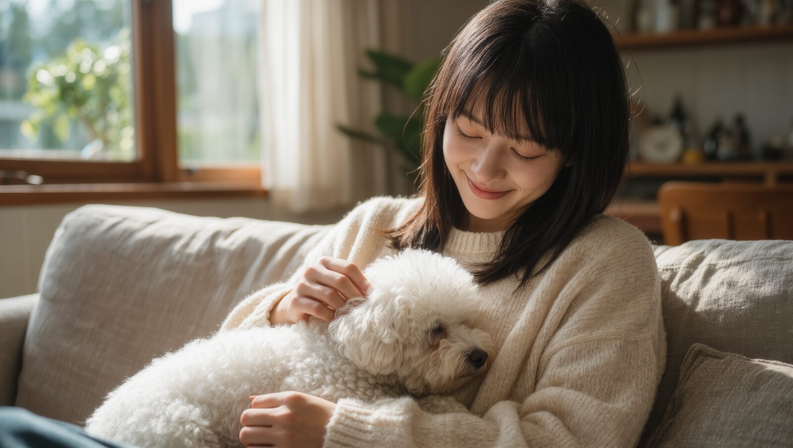 ソファで小さな白いトイプードルをやさしくなでる飼い主