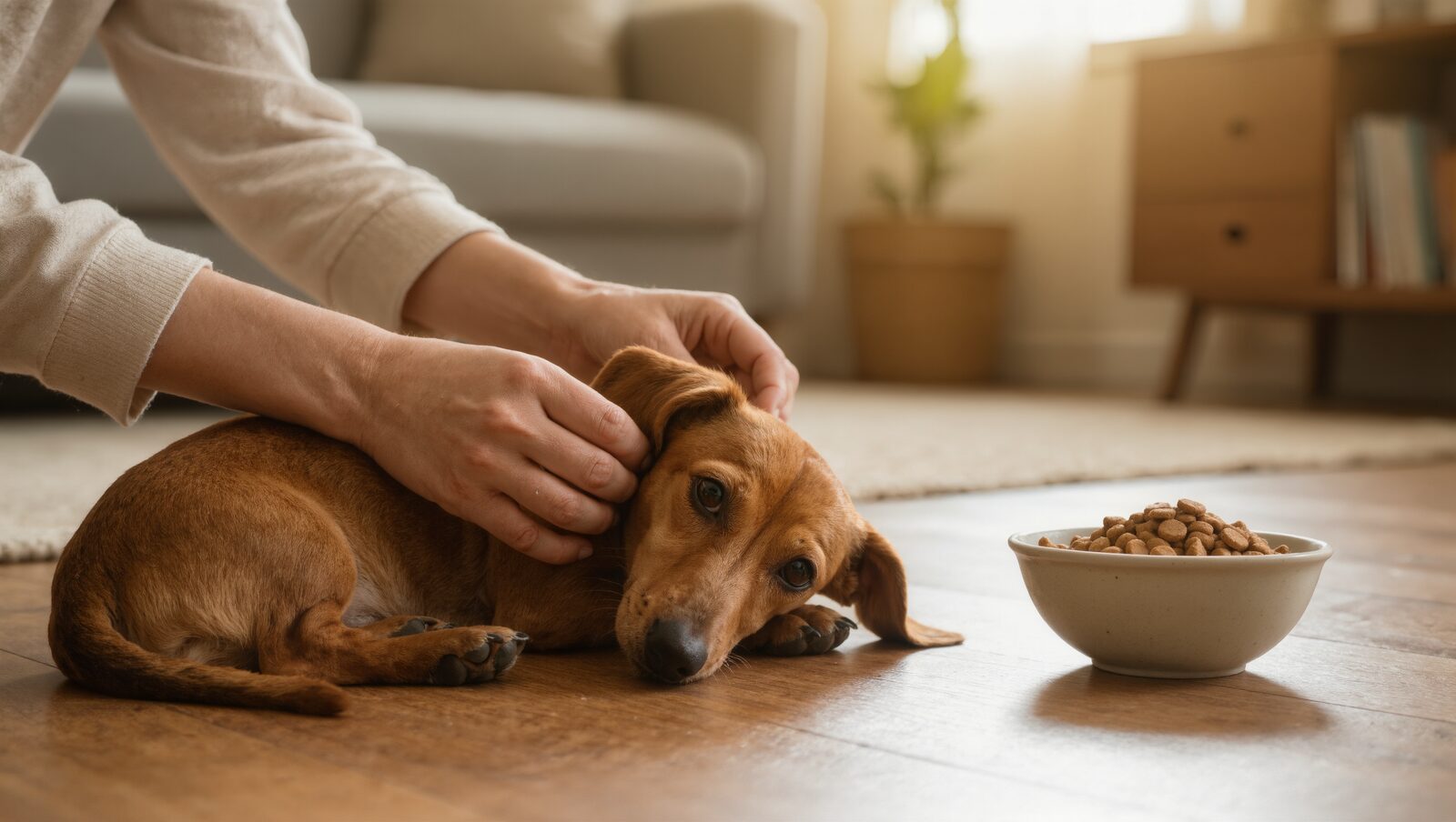 飼い主に耳元をなでられるダックスと、そばに置かれたフードの器