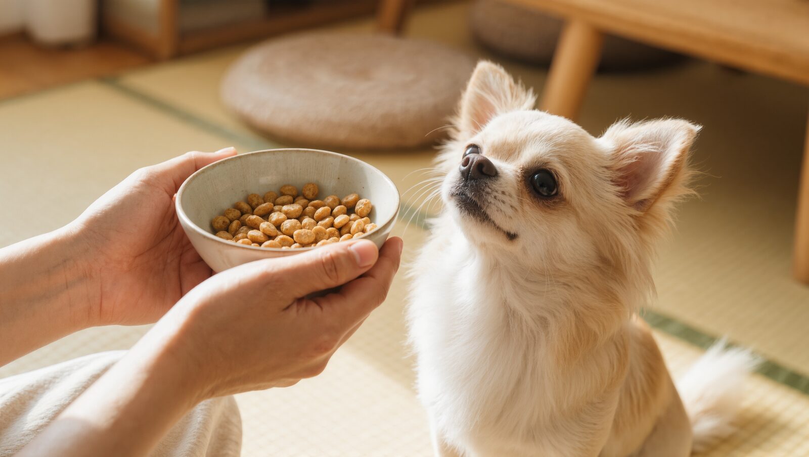 飼い主が器に入れた小粒のフードを見上げるチワワ