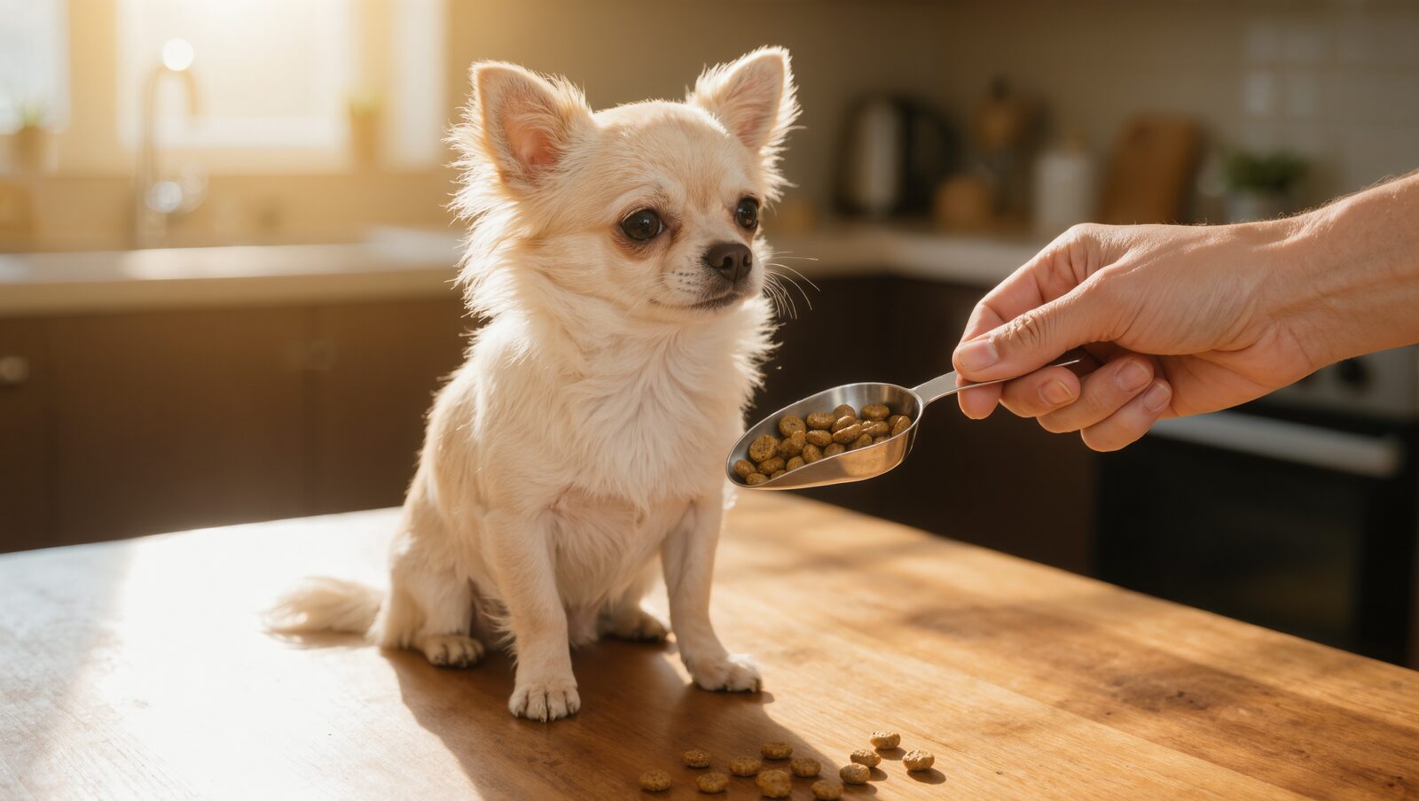 キッチンでスコップ一杯のフードを待つチワワ