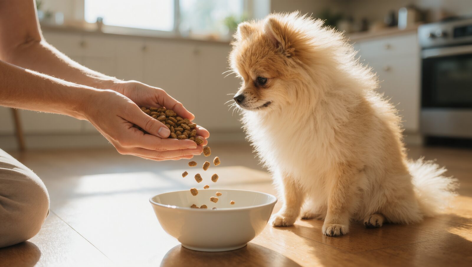飼い主の手からごはんボウルにフードをあげるポメラニアン