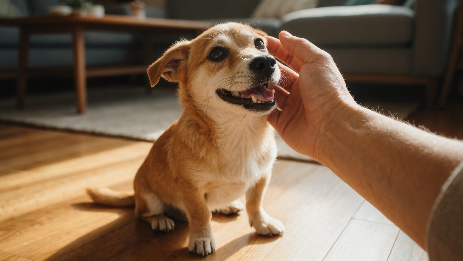 飼い主に頭をなでられて嬉しそうな小型犬