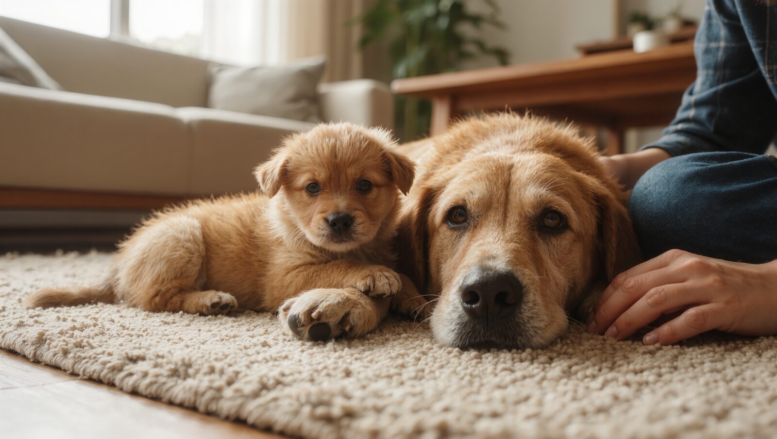 ラグの上で寄り添う子犬と年上の犬、そっと添えられた手