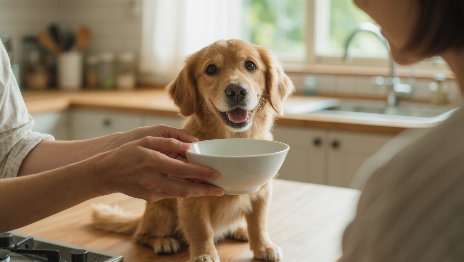 キッチンで白い器を前に嬉しそうに見上げる犬