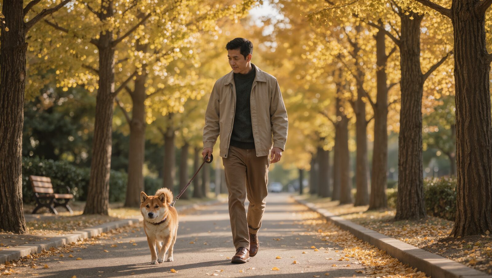 秋のイチョウ並木を柴犬と散歩する男性
