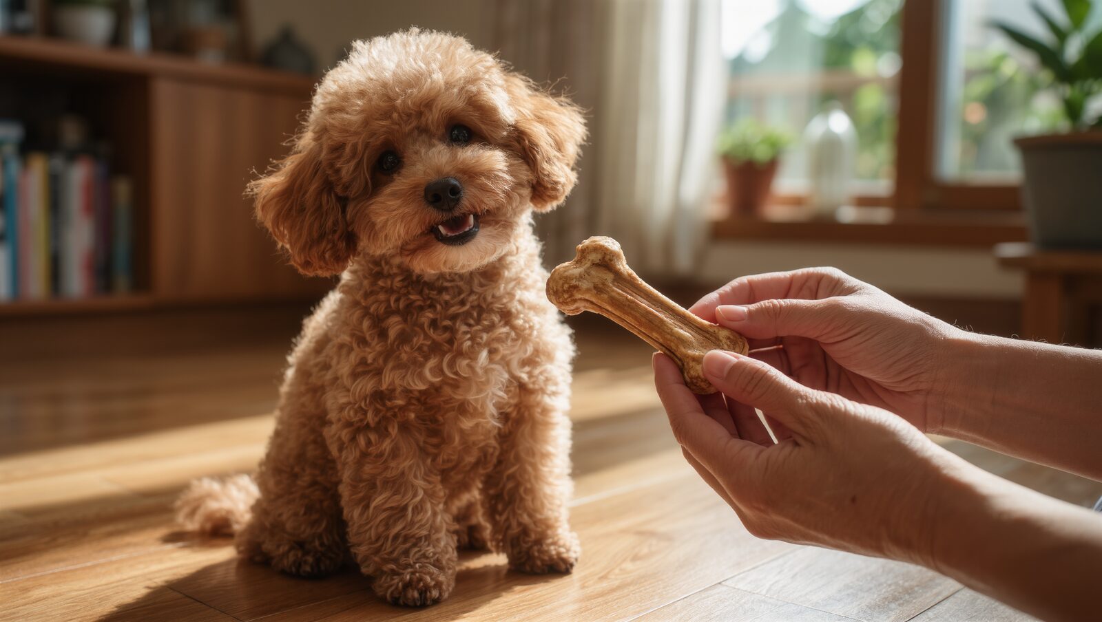 飼い主の手にある骨型おやつを見つめるトイ・プードル