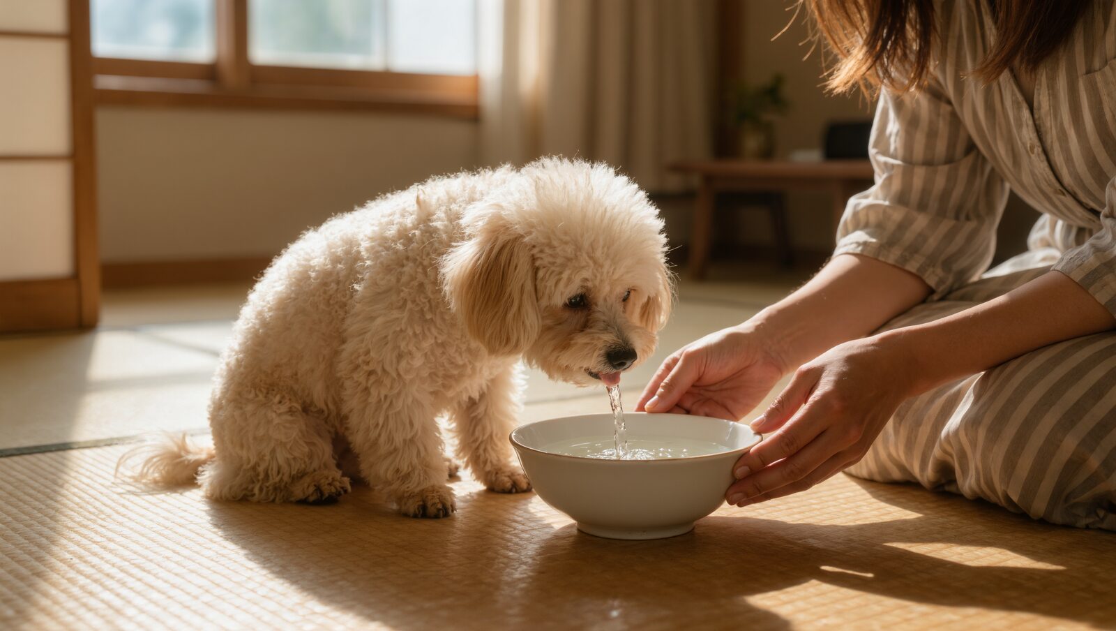 畳の部屋で飼い主に支えられた水皿の水を飲むトイプードル
