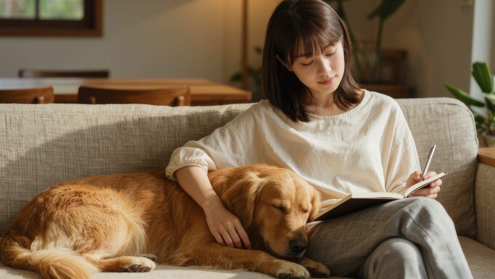 ソファで犬を撫でながらノートに記録をつける女性
