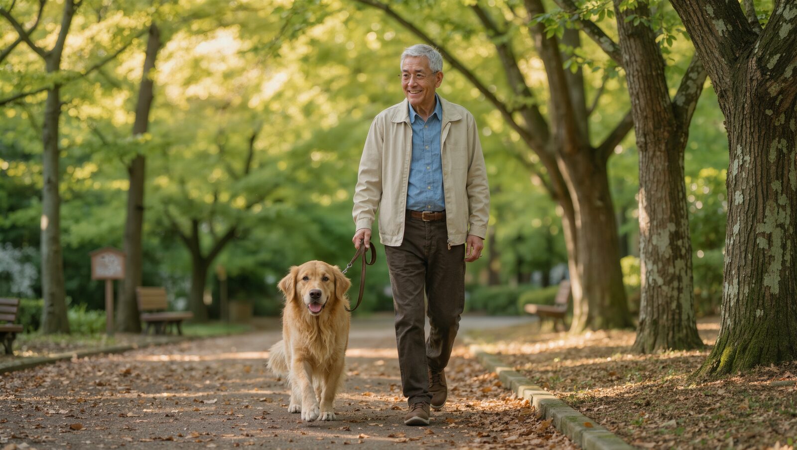 木漏れ日の遊歩道でゴールデンと散歩する年配の男性
