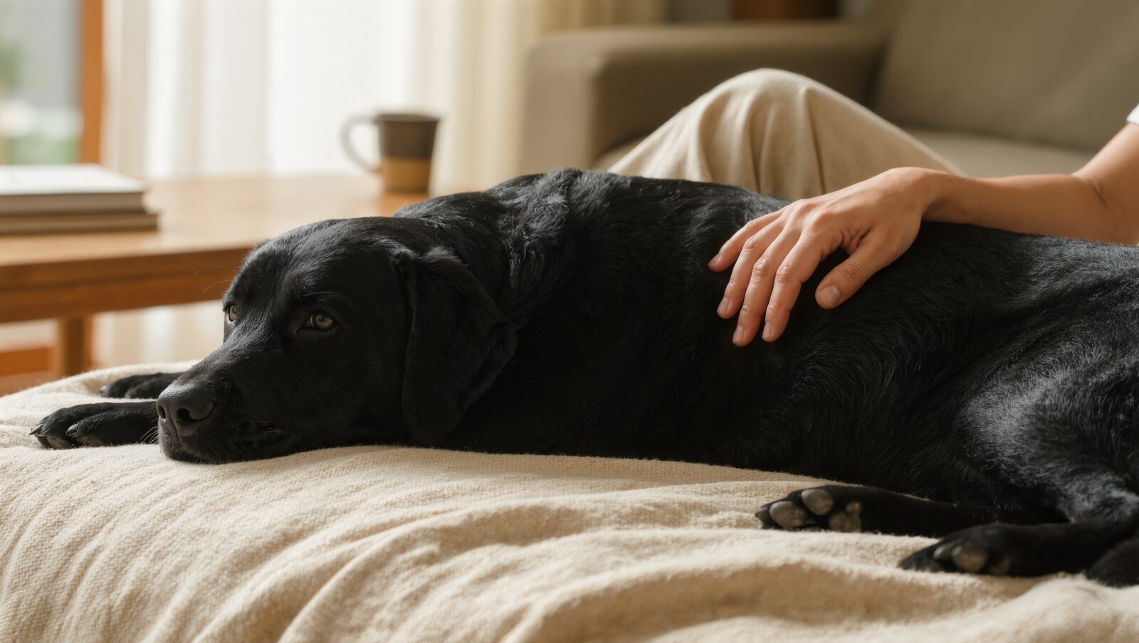 ブランケットの上で飼い主に背中を撫でられる黒いラブラドール