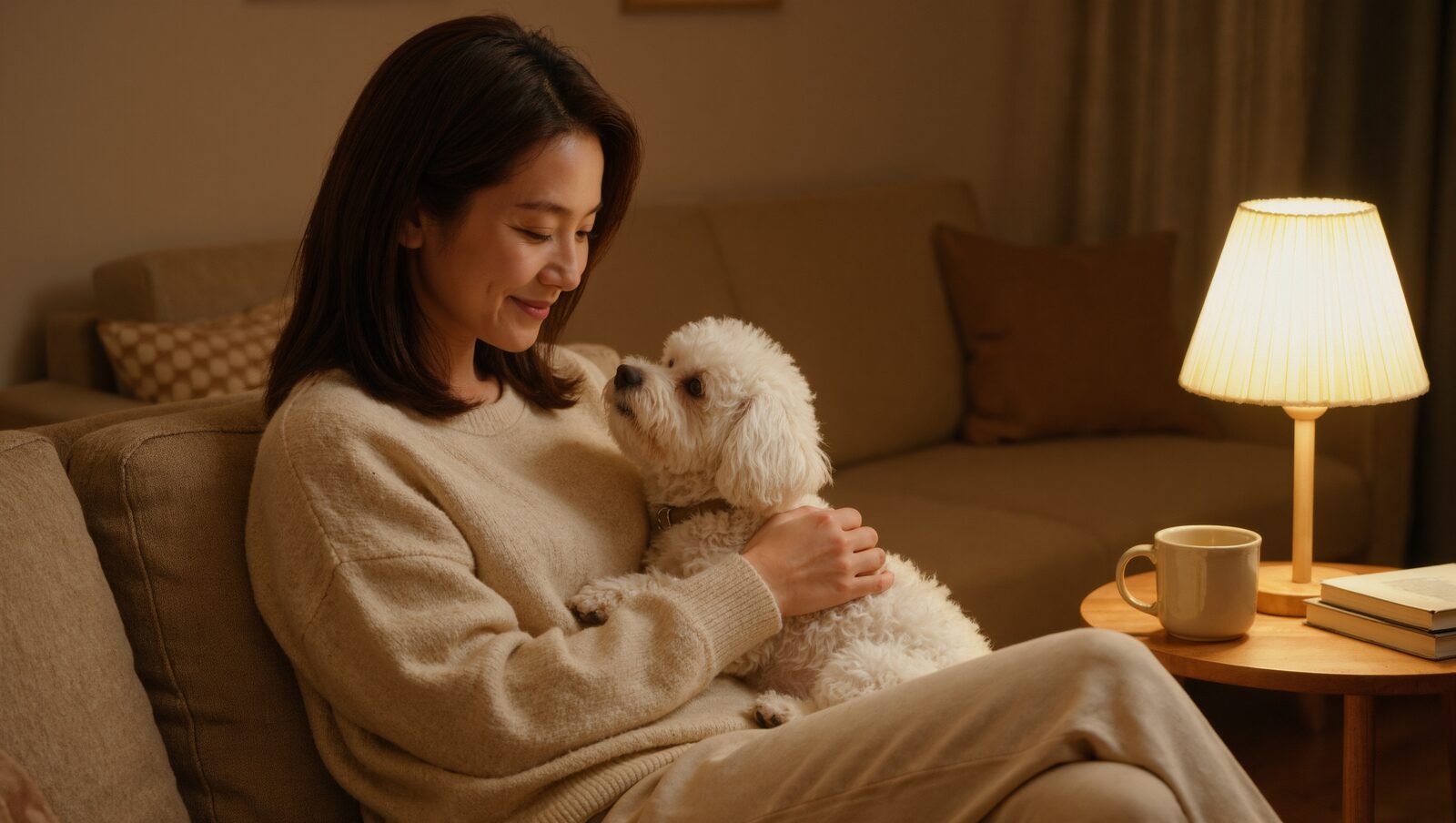 ソファで小さなプードルをなでる飼い主の女性
