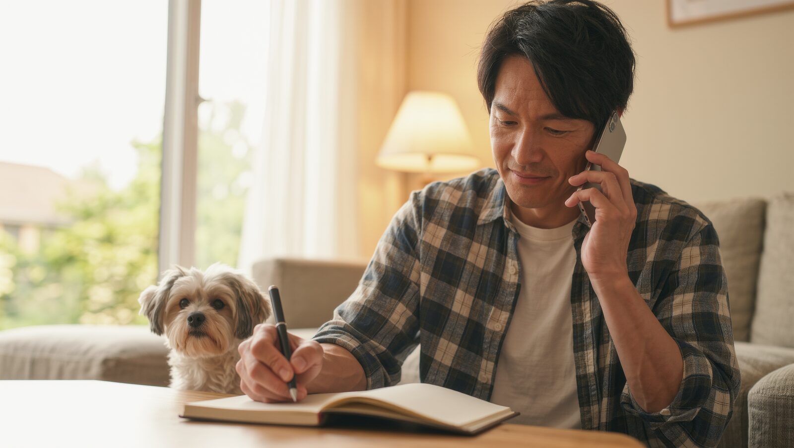 犬のそばで電話をしながらメモを取る飼い主の男性