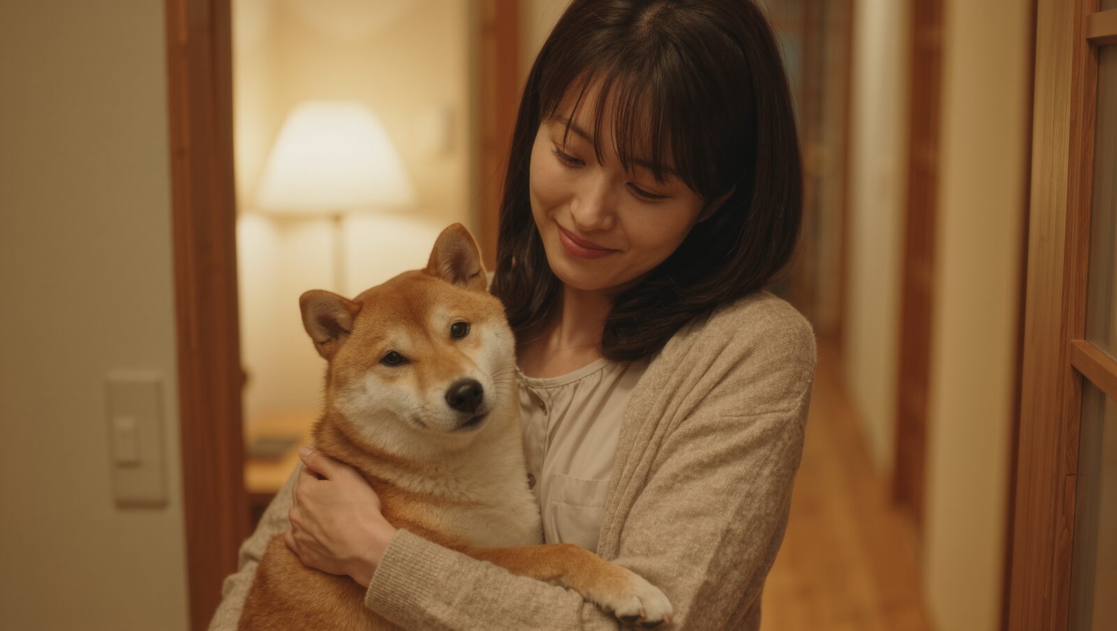 玄関前で柴犬をやさしく抱く飼い主の女性