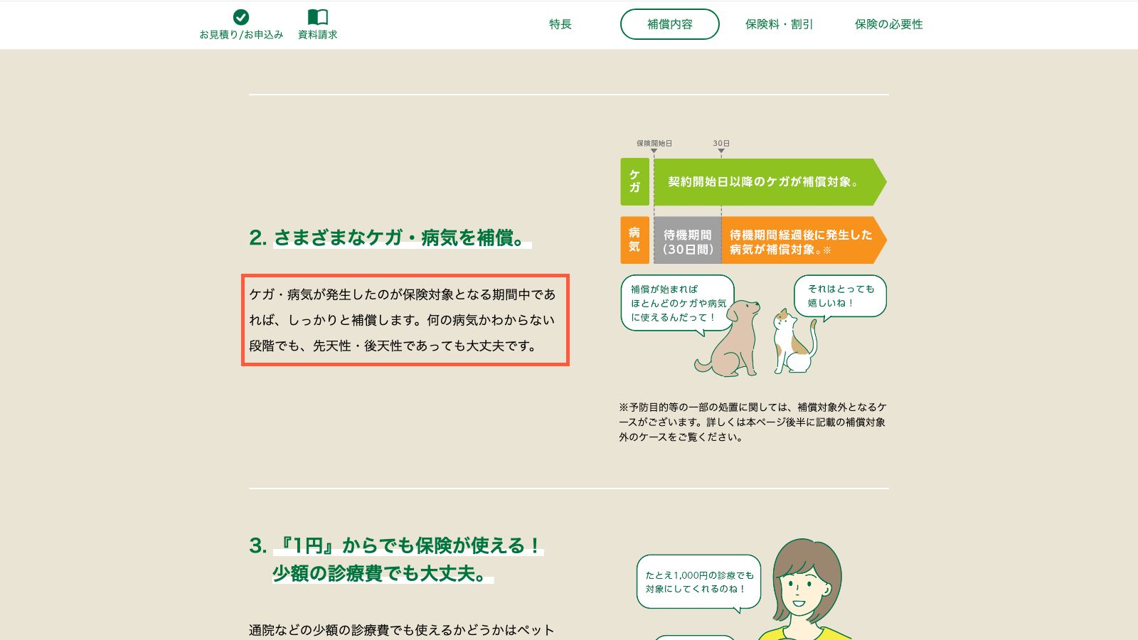 どうぶつ健保ふぁみりぃの補償内容ページ